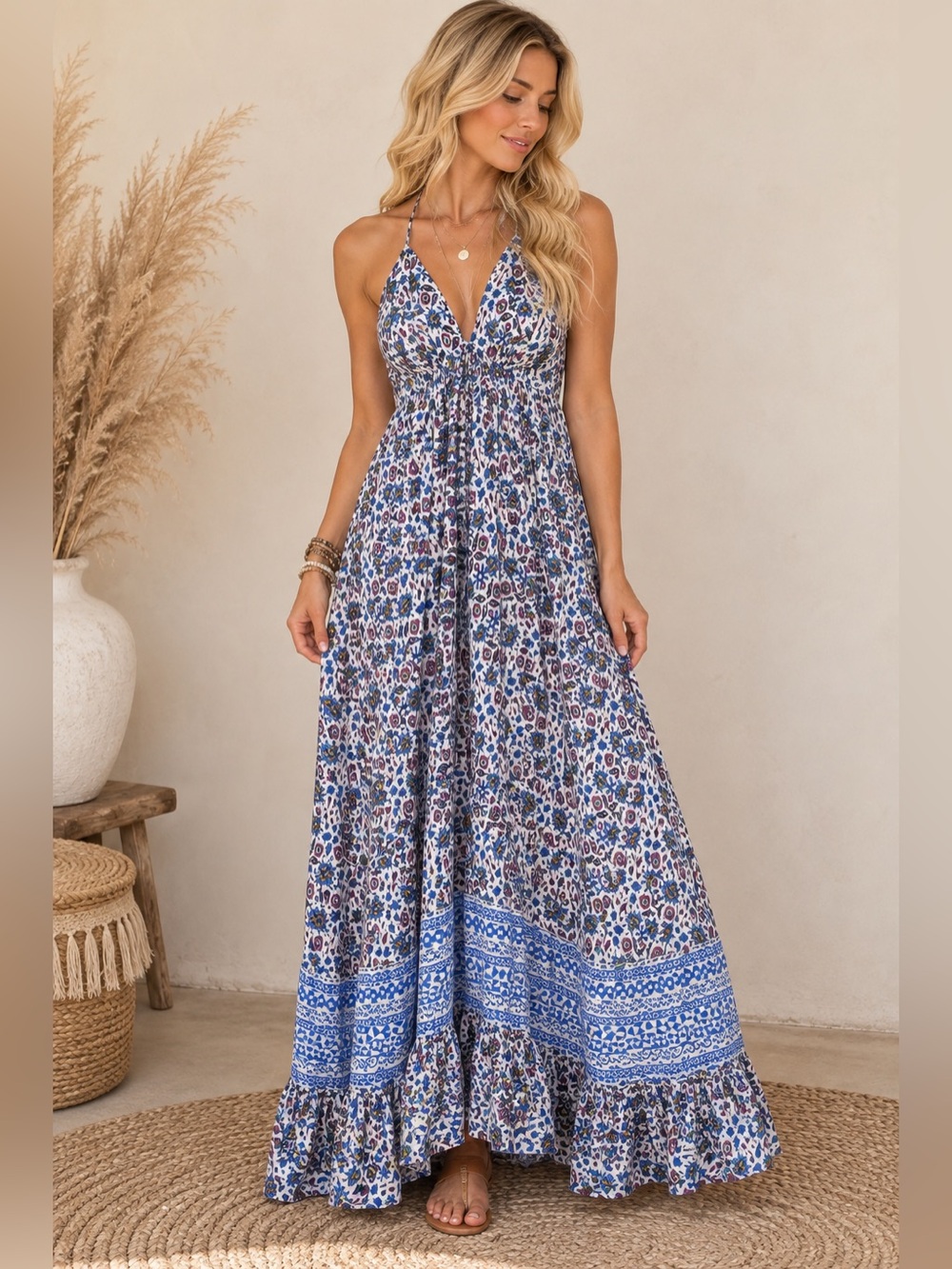 Roller Rabbit Blue Floral Halter Maxi Dress
